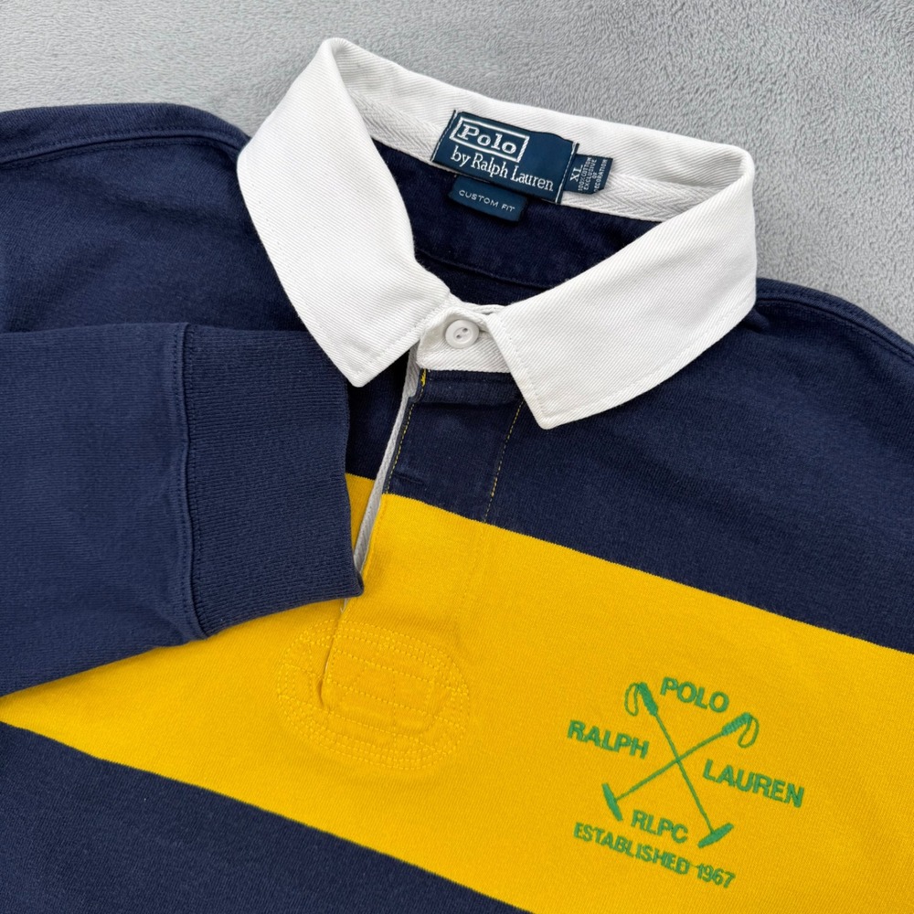 Vintage Polo Ralph Lauren Custom Fit Rugby Shirt Navy Yellow Striped Mens XL